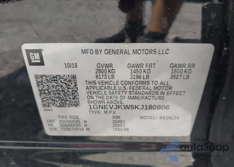 2019 Chevrolet Traverse Rs из США, поврежденный, VIN 1GNEVJKW5KJ180806